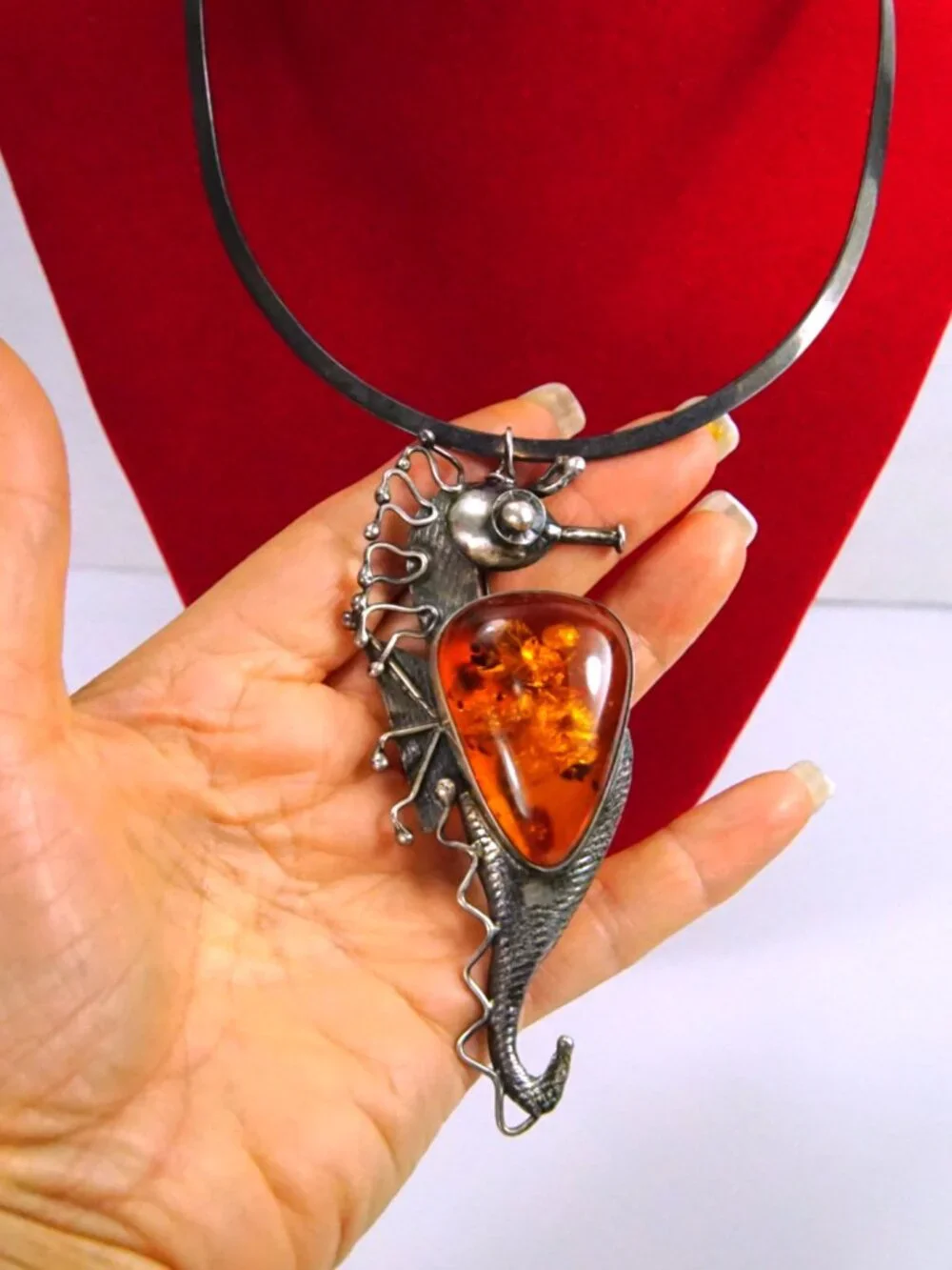 Rare Seahorse Baltic  Amber Sterling  Silver Pendant-Brooch Necklace